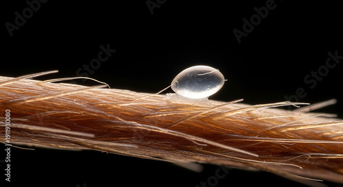 A microscopic droplet of water rests precariously on a single strand of brown fiber, highlighting the beauty of extreme close-up photography