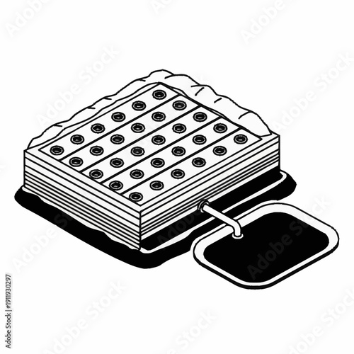 Black and white illustration of a stack of microtiter plates with a lid.
