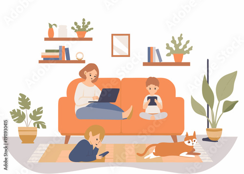 Family time at home a woman works while children play indoors