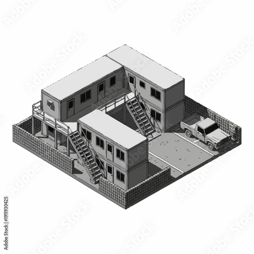 Isometric 3D rendering of a modern building complex with multiple structures and staircases.