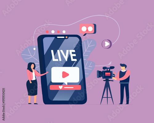 Live streaming concept with people and a large smartphone display
