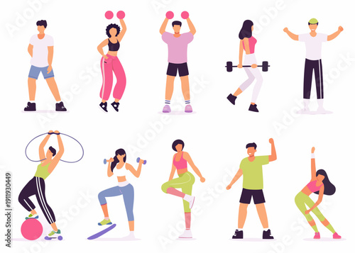 Diverse group of people exercising with various fitness equipment