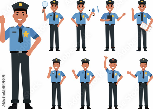 Diverse group of police officers in various poses and actions