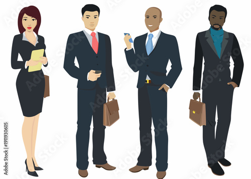 Four diverse business professionals standing in a row looking forward