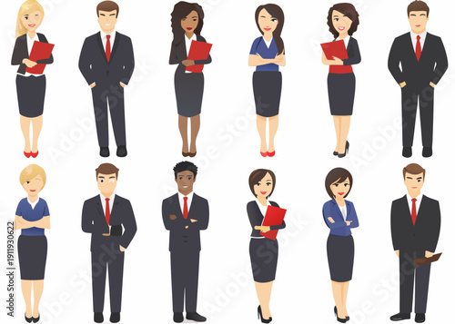 Diverse group of business professionals in suits standing in rows