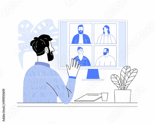 Man participating in a video conference call on a laptop