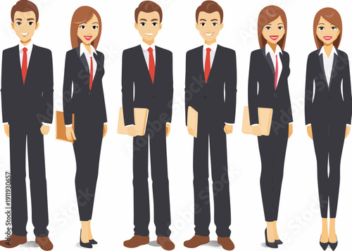 A group of six diverse business professionals standing in a row