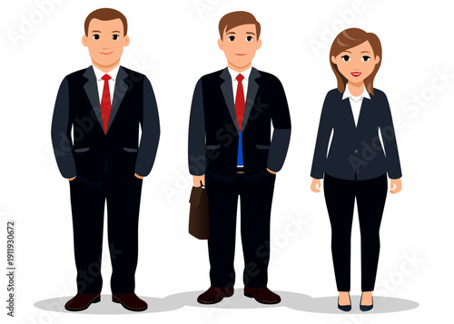 Three business professionals standing in a row illustrated vector style
