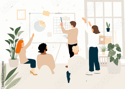 Team brainstorming session with a whiteboard and celebratory confetti falling