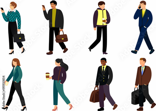 Diverse group of people walking each engaged with mobile phones