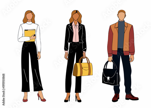 Fashion illustration of three people with different outfits and accessories