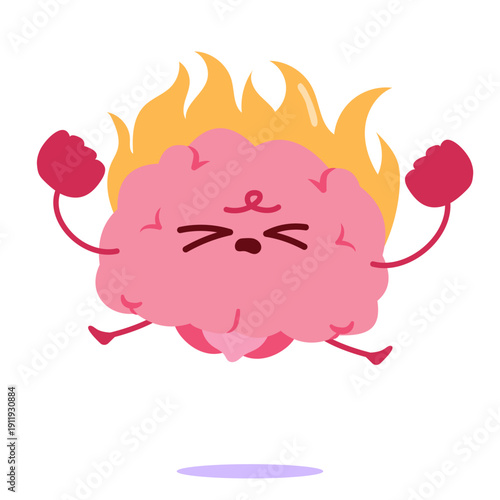 Cartoon vector illustration of a cute overwhelmed brain character surrounded by flames. Concept representing mental burnout, stress, overload, exhaustion and emotional fatigue
