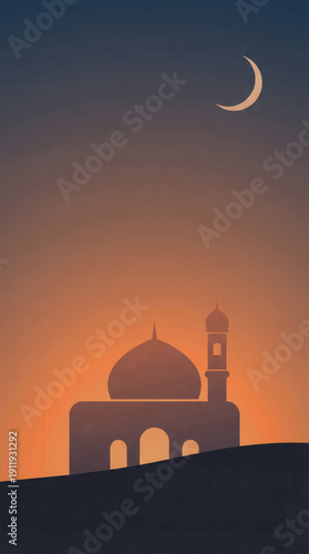 Silhouette of mosque with crescent moon at sunset, minimalist illustration symbolizing Ramadan, Eid celebration, and Islamic spiritual atmosphere.