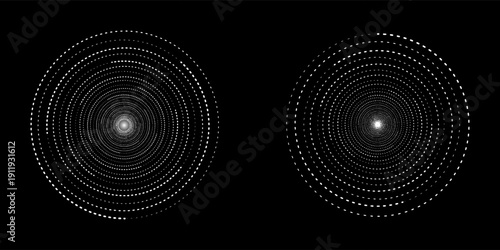Set of black thick halftone dotted speed lines. Speed lines in circle form. Geometric art. Design element for frame, logo, tattoo, web pages, prints, posters, template, abstract vector background.