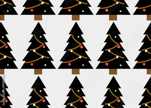 Seamless pattern of black christmas trees with gold garland and red white ornaments