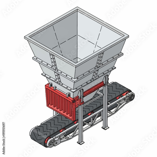 Industrial conveyor belt system with hopper and chain mechanism.