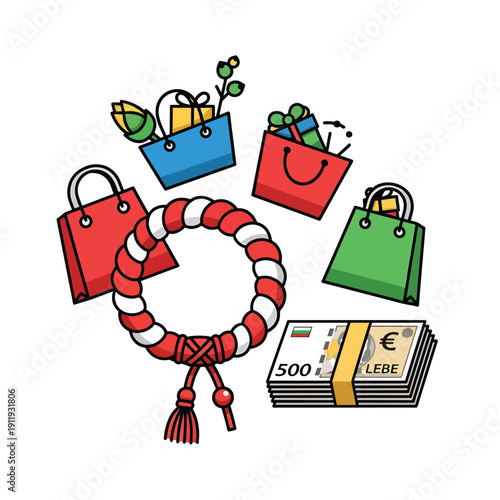 Illustration of shopping bags and currency surrounding a decorative rope, showcasing a vibrant retail scene