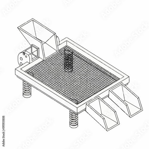 Isometric illustration of a mechanical device with grid surface and hinged compartments.