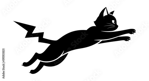 Black cat silhouette with lightning bolt tail, dynamic pose, vector art