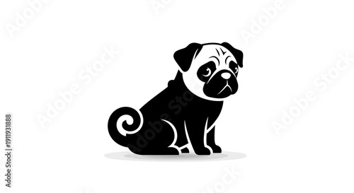 Cute Pug Dog Sitting Illustration - Black and White Vector Art