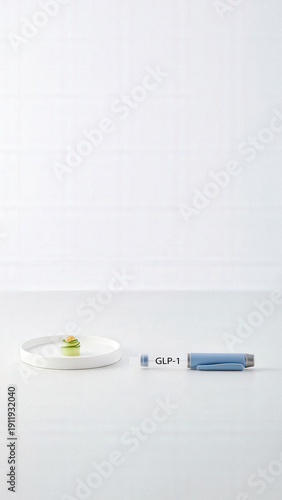 Minimalist composition with GLP-1 injection pen beside small plated vegetable portion, symbolizing appetite control and modern weight loss treatment.