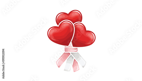 Three red heart shaped balloons tied with pink and white ribbons