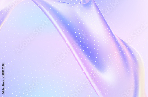 3D render of an abstract nature landscape featuring a transparent glossy glass ribbon floating on water. Holographic curved wave in dynamic motion with iridescent gradient reflections. Modern business