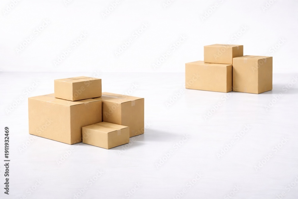 Fototapeta premium Cardboard boxes grouped into two clusters on white studio floor, different sizes suggest separate e-commerce orders, clean logistics workflow concept with soft shadows and wide copy space