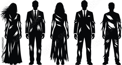 Scary Zombie Silhouette Vector Set Featuring Undead People in Business Suits and Formal Dresses Isolated on White Background for Halloween Horror Party Graphic Design.