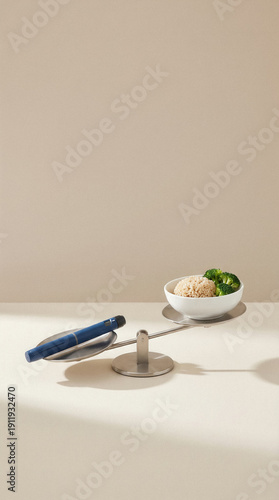 Conceptual scale balancing insulin pen with bowl of brown rice and broccoli, symbolizing GLP-1 medication and nutrition management for diabetes.