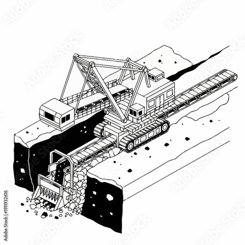 Heavy machinery excavator digging into the ground with conveyor belt.