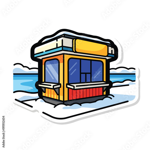 Beach hut illustration on sandy shore with calm waters viewed from the side