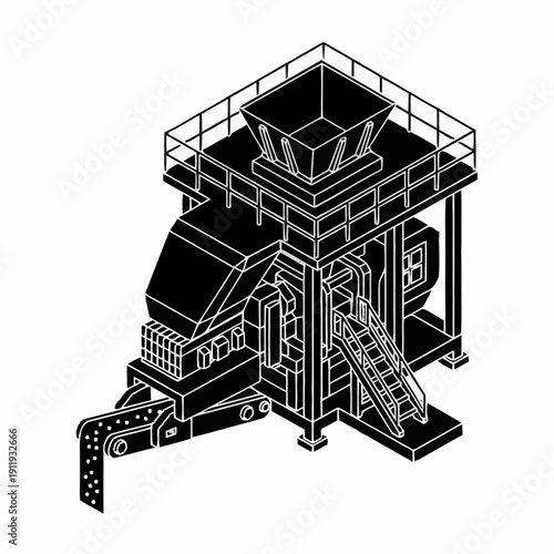Industrial crusher machine for recycling and processing materials.