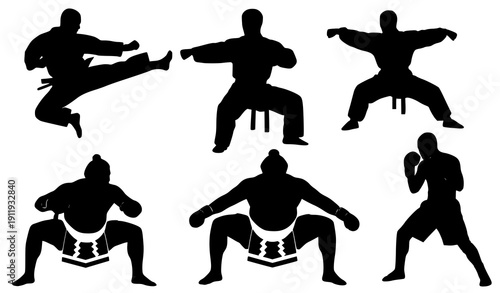 Martial arts silhouettes karate kung fu sumo boxing set