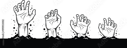 Set of creepy zombie hands reaching out from the ground in a graveyard for Halloween horror parties, spooky illustrations, and undead cemetery graphic designs.