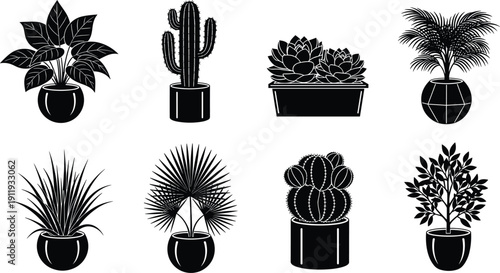 Vector set of black silhouettes featuring various indoor houseplants in pots, cactus, succulents, tropical palm, and leafy foliage, isolated on white background,