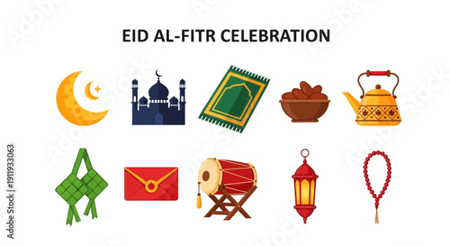 Icons representing Eid alFitr celebration elements arranged in two rows
