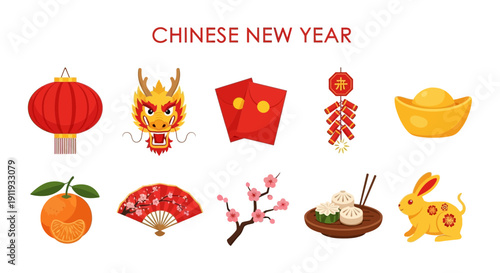Collection of ten illustrated items related to Chinese New Year festivities