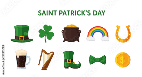 Saint Patricks Day icons hat shamrock gold rainbow horseshoe beer harp boot bow tie coin