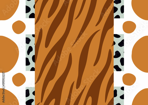 A seamless pattern features a central vertical strip of brown tiger stripes flanked by light blue spotted panels and large orange dots on a white background.