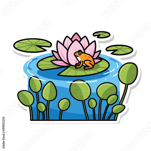 A frog sitting on a lily pad in a serene pond surrounded by water lilies and greenery viewed from above