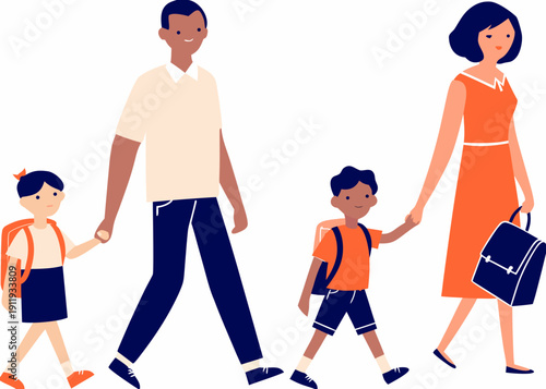A diverse family of four walking together likely heading to school