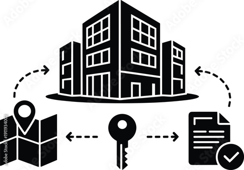 Real Estate Property Management Concept with Office Building Location Map Key and Verified Contract Agreement Symbols