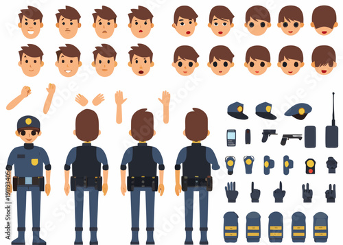 Collection of cartoon police officer character design elements and variations