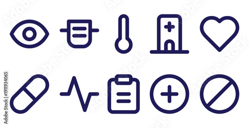 Set of blue medical healthcare icons on a white background: eye, pill bottle, thermometer, hospital, heart, capsule, heartbeat, clipboard, plus sign, prohibition sign