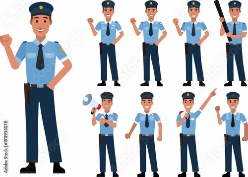 Cartoon illustration of police officers in various poses and uniforms