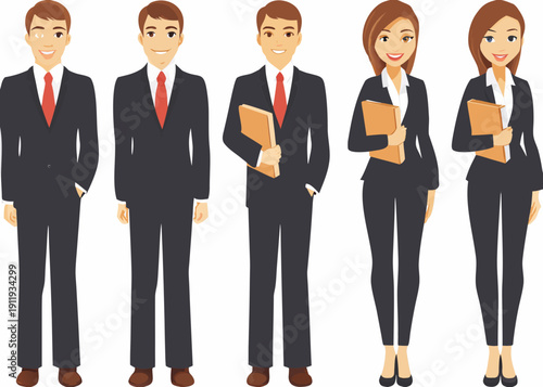 Five cartoon business people standing in a row holding folders