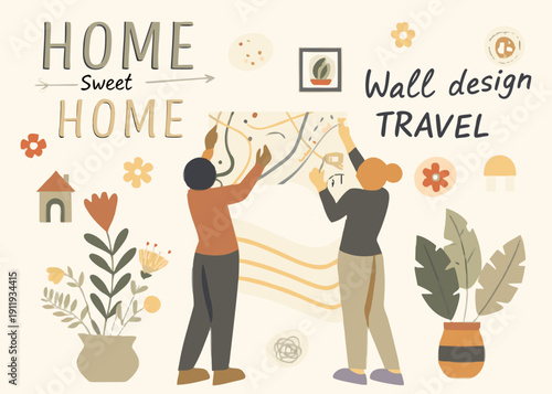 Couple decorating a wall with home sweet home artwork and floral elements