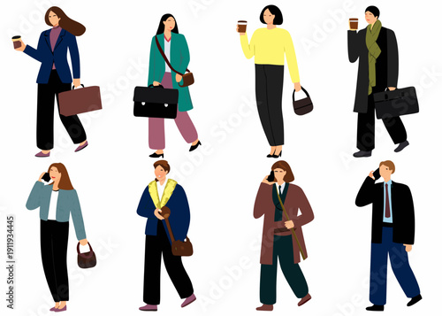 Diverse group of people in business attire walking and commuting