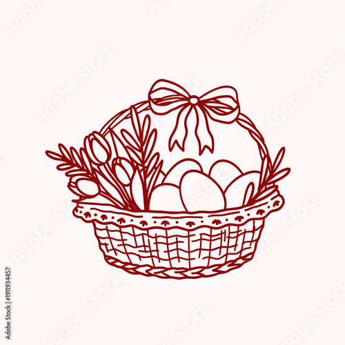 Wicker basket with tulips and eggs with ribbon bow. Holiday hand drawing sketch artwork. Vector clip art for Happy Easter, party, greeting cards, invitations, social media
